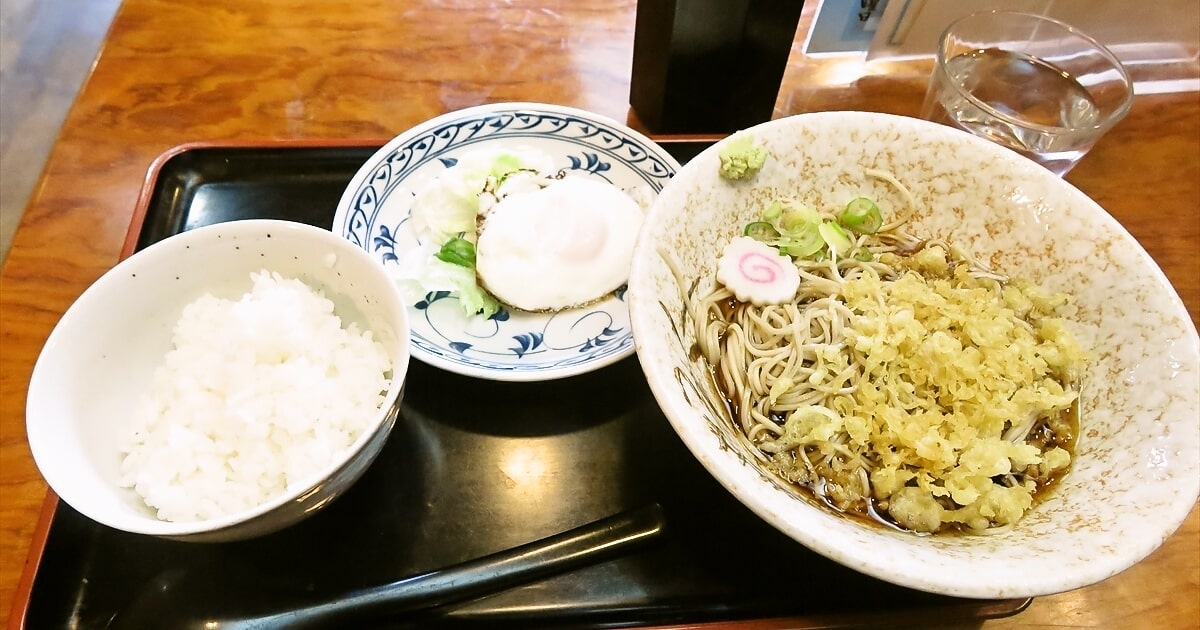 相模原市相模大野駅『そばどころ更科』たぬきそば目玉焼き半ライス定食サムネイル